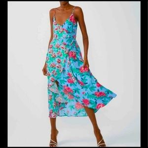Zara Summer floral blue and pink midi wrap dress